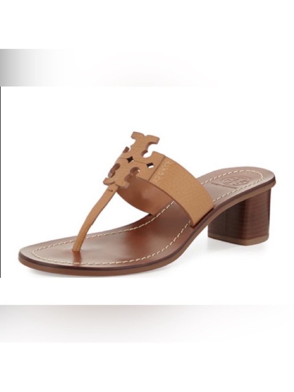 Tory Burch Tan Leather Logo Thong Sandal with Block Heel 7.5